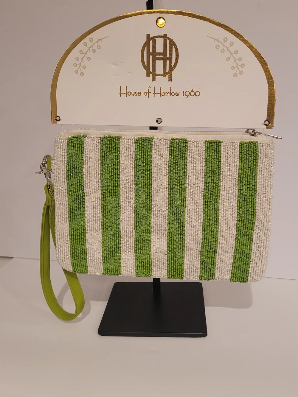 House of Harlow 1960 Green & White Striped Beaded Wristlet